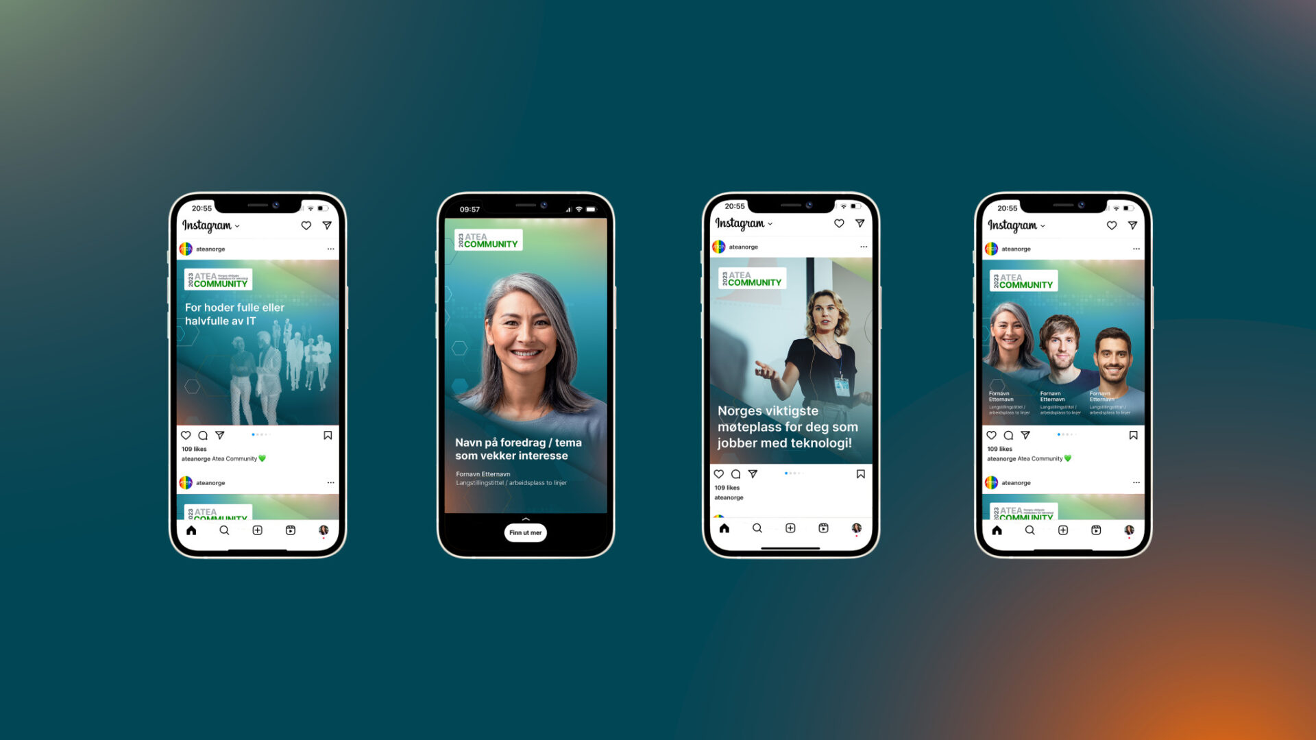 Ulike annonser for Atea Community plassert på iPhone-mockups