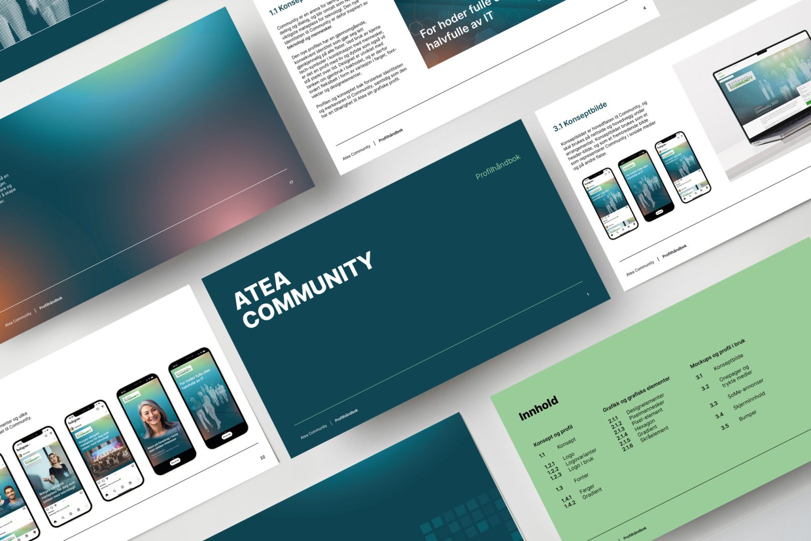 Flere sider som viser innholdet i profilhåndboken til Atea Community