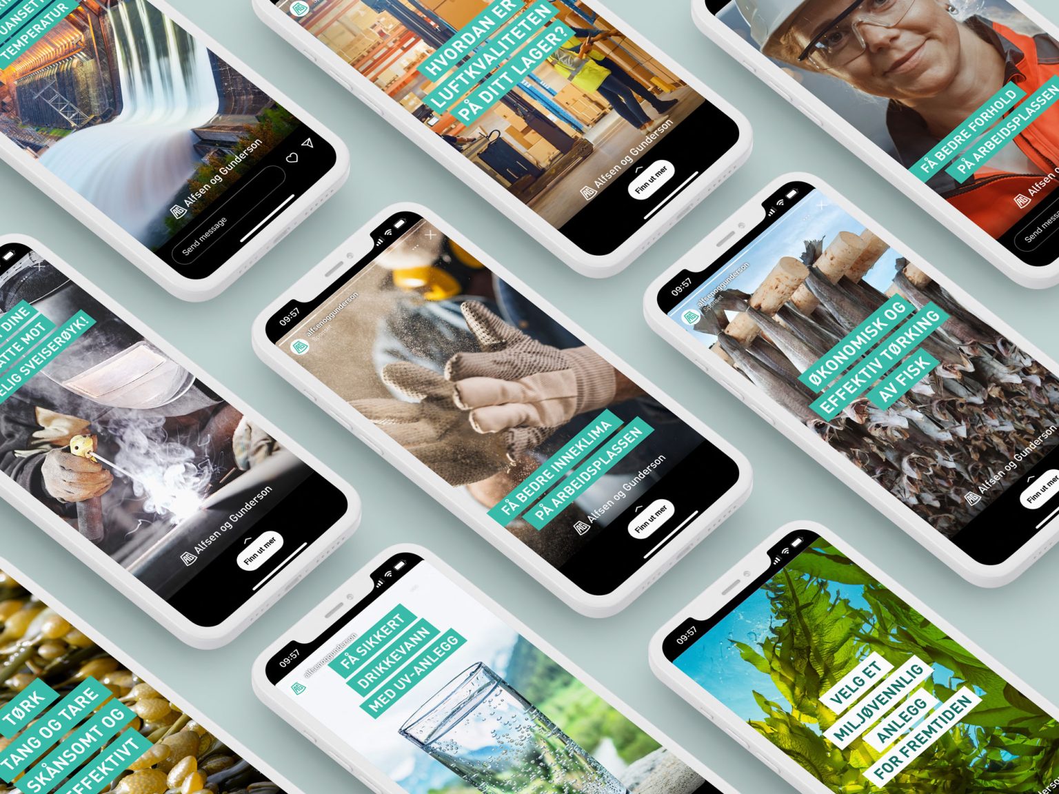 instagram stories annonser vises på mobilskjermer på mobiler som ligger på rekke og rad