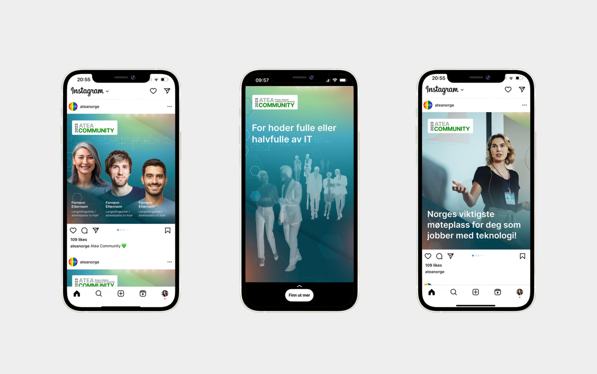 Ulike annonser for Atea Community plassert på iPhone-mockups